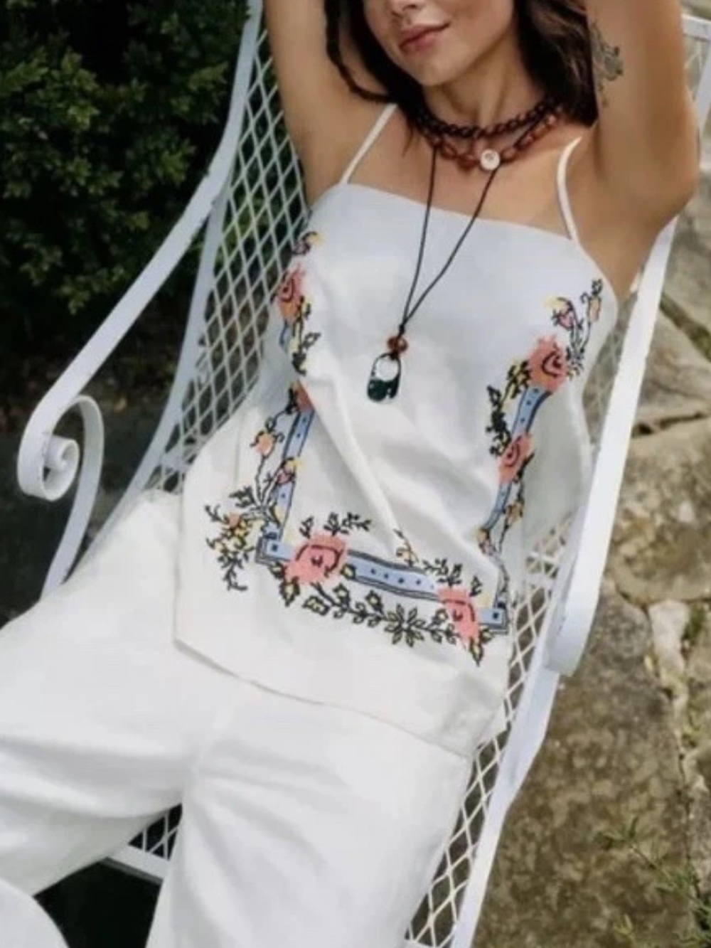NWT Free People White Floral Embroidered Spaghetti-Strap Tank